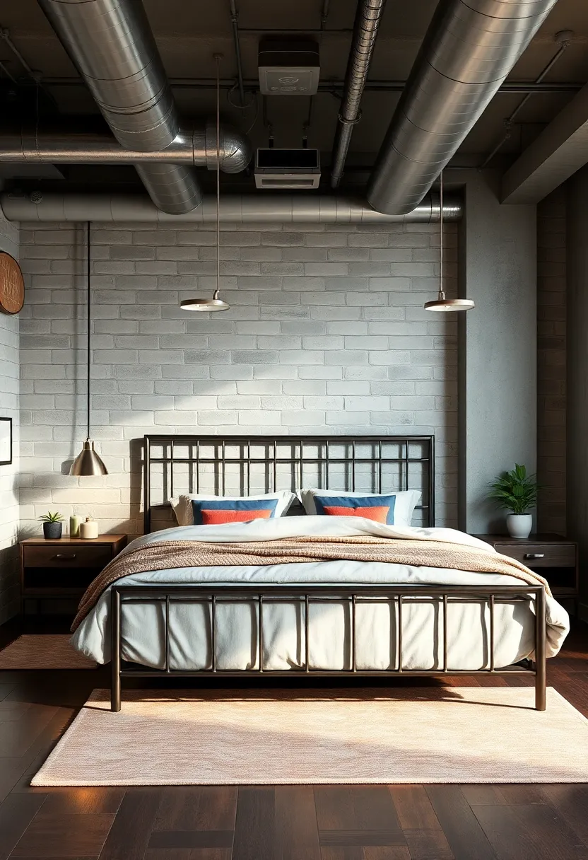 Showcase a high headboard‍ metal bed frame‌ in a brushed steel ‌finish alongside exposed⁣ ductwork and dark hardwood ​floors ​for a ‌commanding presence