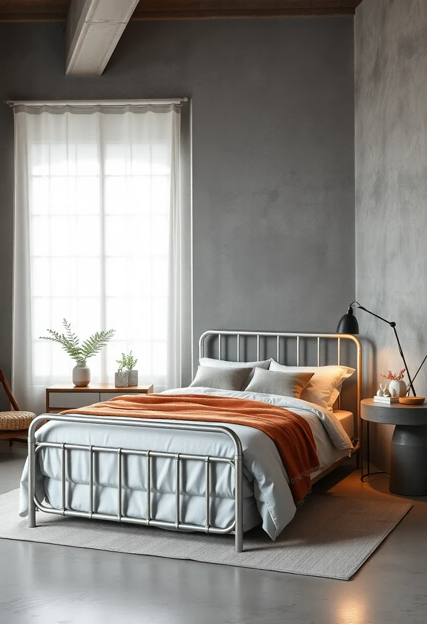 Combine a sleek silver metal bed‌ frame with minimalist concrete accents and monochrome textiles to achieve a modern industrial aesthetic