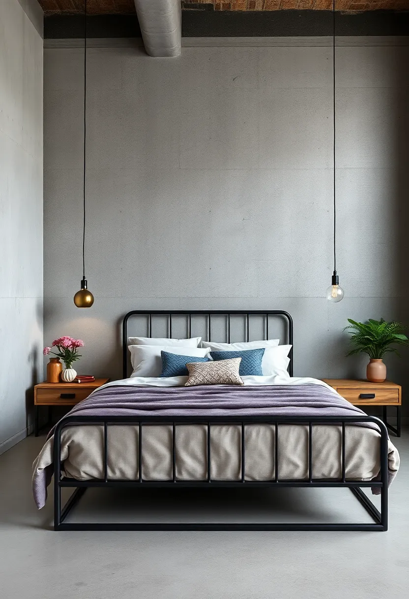 Introduce a low-profile metal⁢ bed frame with matte bronze‍ finishes matched with industrial pendant lamps and exposed metal beams