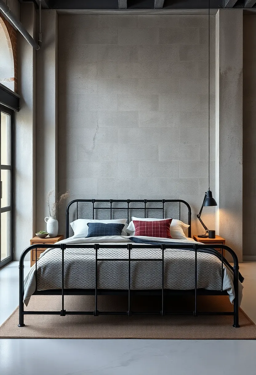 Use a simple black metal bed frame with ​metal mesh details, set within ⁤a space featuring repurposed factory elements and minimal‌ decor