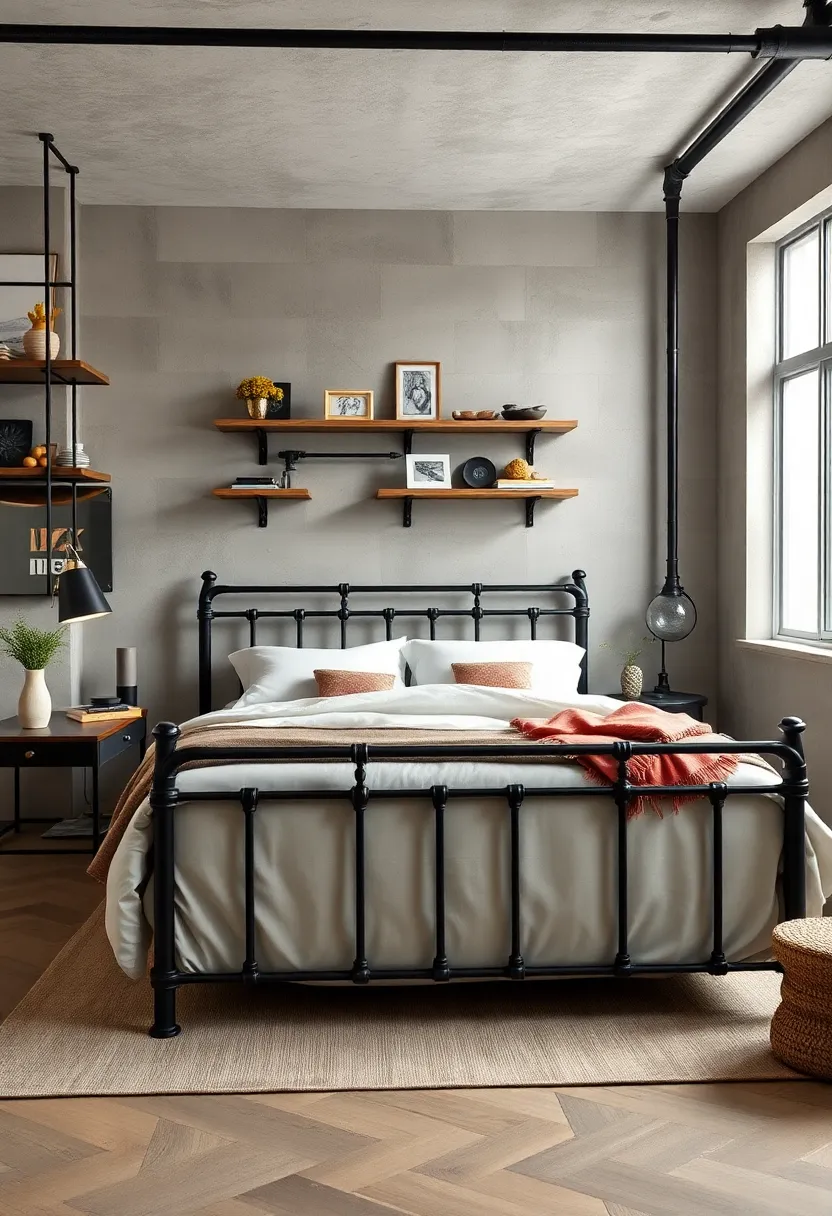 Feature a vintage-inspired cast iron bed frame surrounded by salvaged ⁢wood accents and metal piping shelves for authentic industrial character