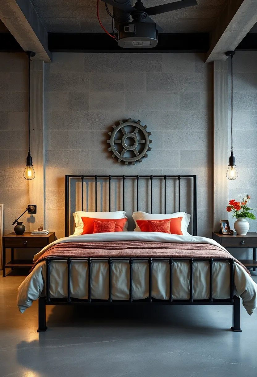 Feature an intricate black‌ metal headboard with vintage gear wall art and pendant lights to enhance⁢ the industrial narrative