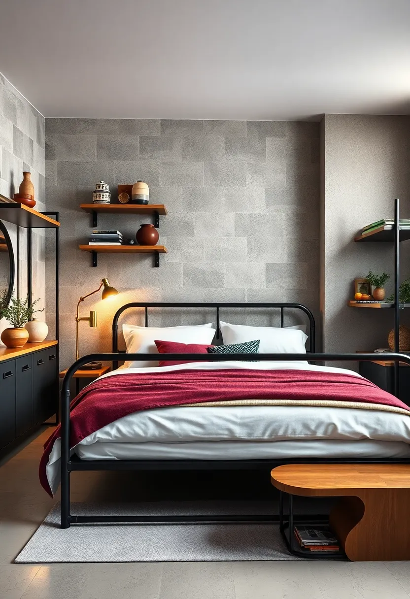 Integrate a powder-coated metal bed‌ frame with ‍factory-style shelving units and metal accents for maximum industrial utility