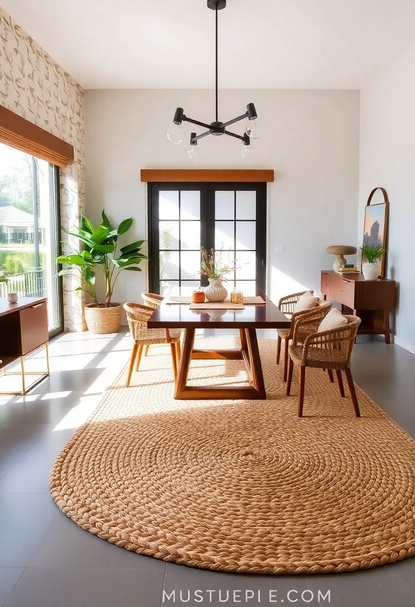 Boho Braided Natural Fiber Rug: This braided ‌jute⁢ rug with a⁣ bohemian design vibe brings warmth and laid-back style to any⁤ dining ⁢space