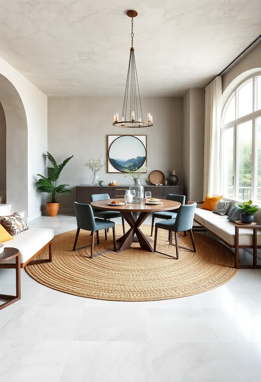 round Jute Medallion: A circular jute​ rug ‌with a⁢ central medallion design adds a focal point that enhances round or⁢ square dining setups