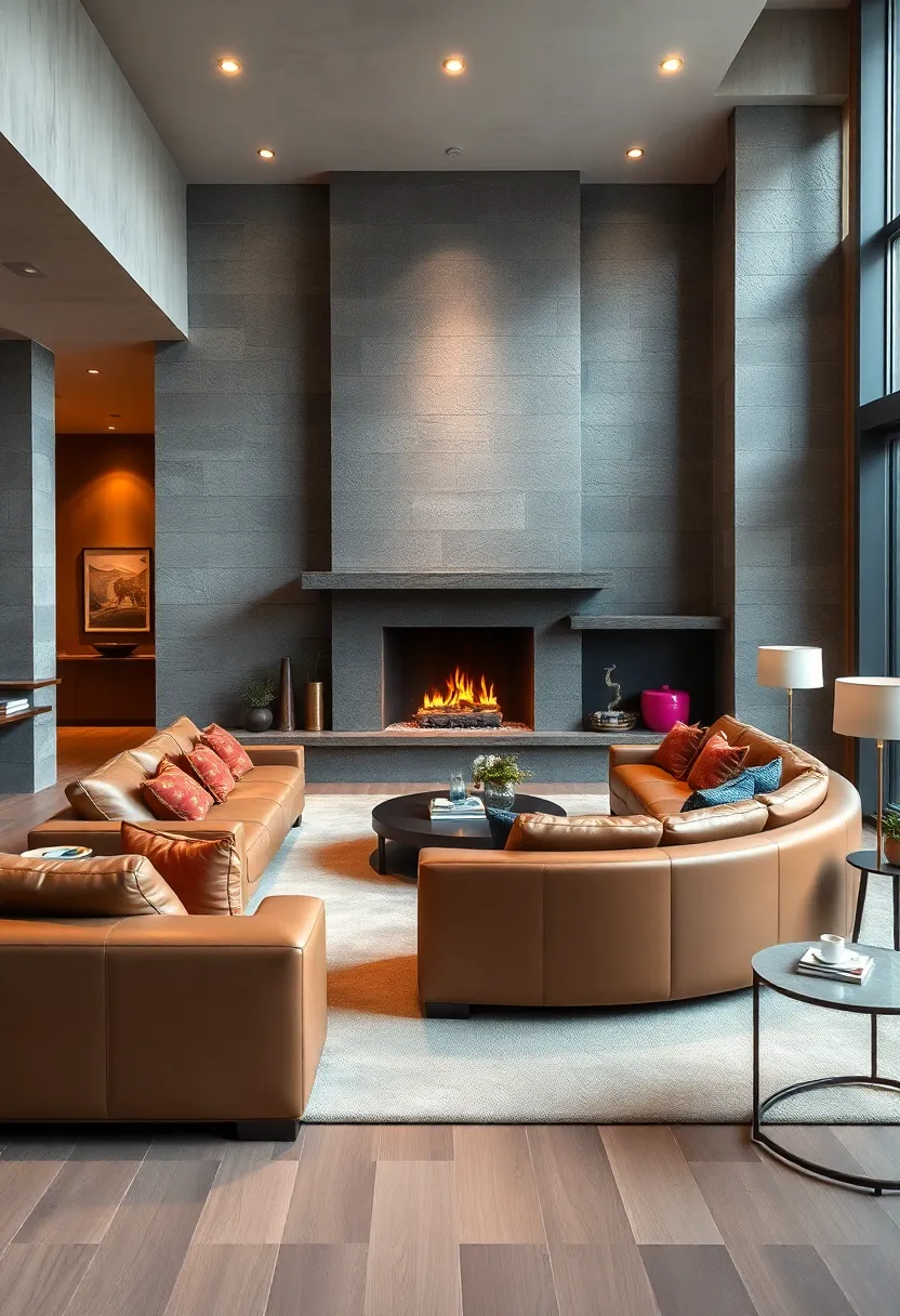 Highlight architectural features ​with a curved leather sofa wrapping around a statement fireplace