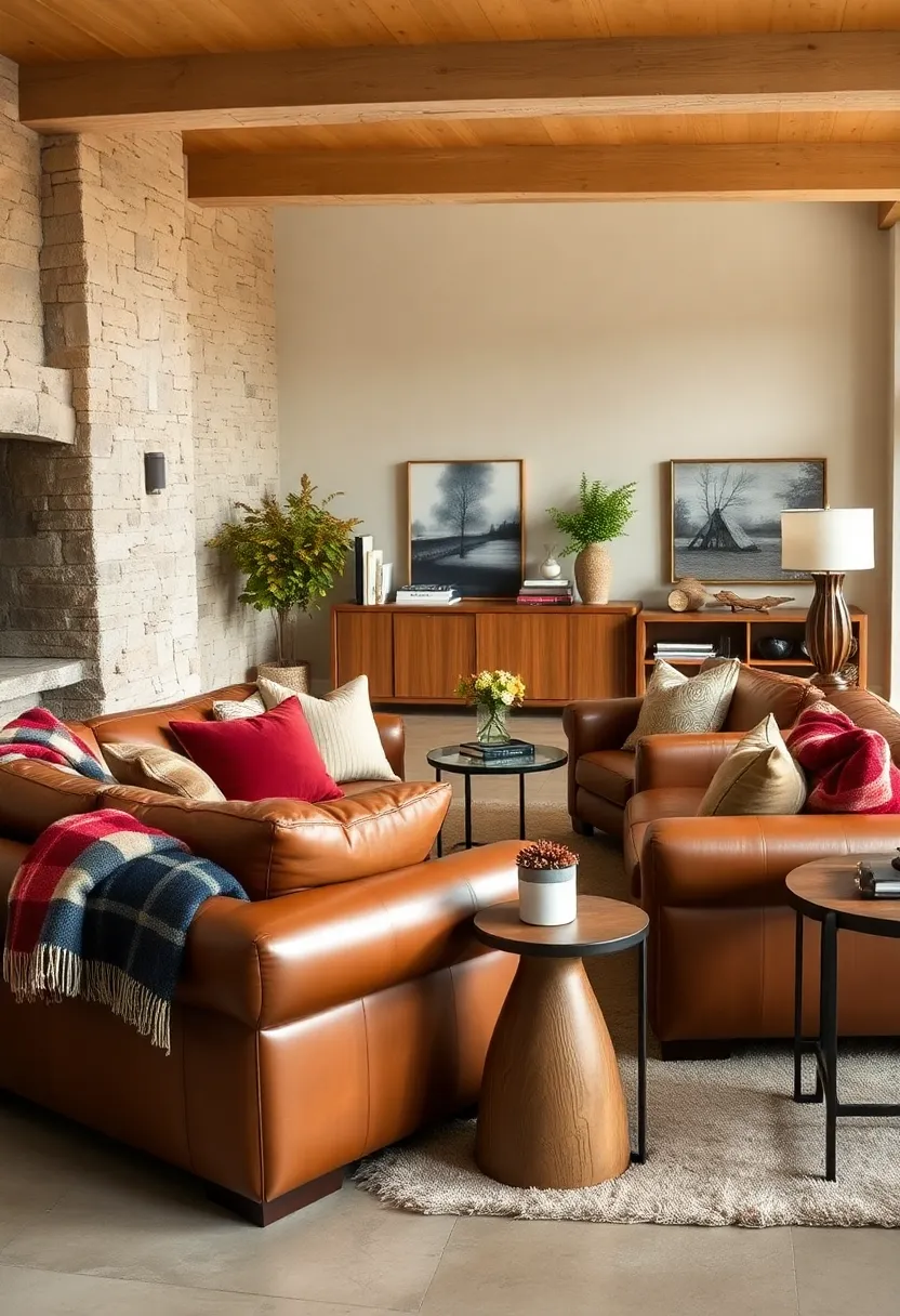 Infuse‍ farmhouse charm with⁣ worn-in‌ leather couches accented ⁢by plaid ‍throws ​and ⁣rustic wood accents