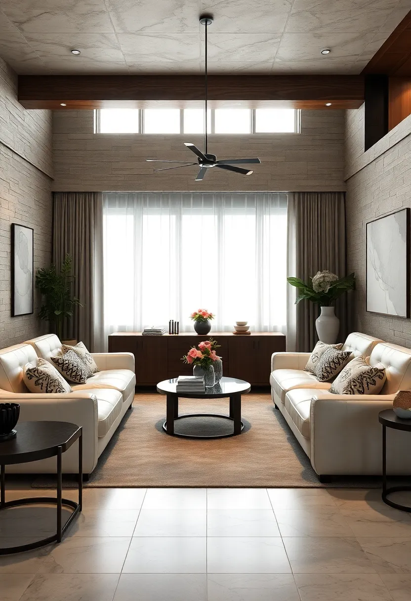 Create ⁣a striking contrast with white leather seating framed ‌by‌ dark wood‍ accents and ‍monochrome decor