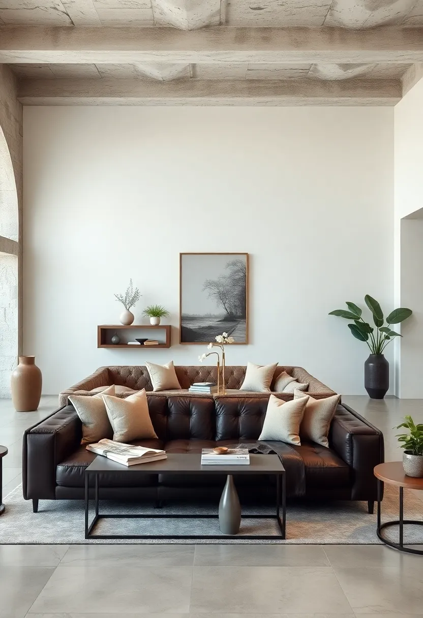 Design an elegant monochromatic space‍ featuring a dark chocolate leather sectional complemented by soft ivory décor