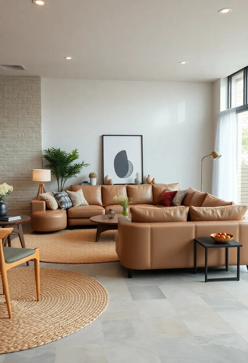 Pair buttery soft taupe ⁢leather couches with natural⁣ jute rugs for an organic, luxe feel