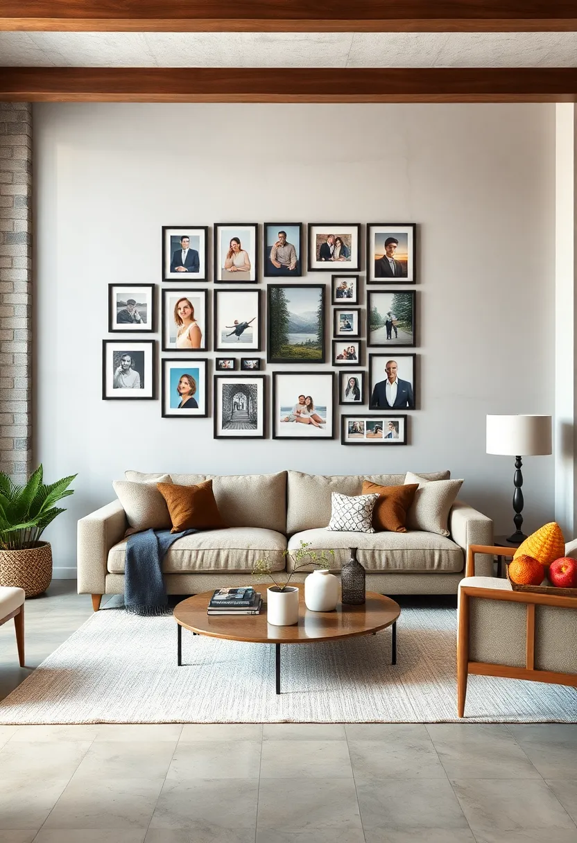 Gallery‍ Wall collage: arrange a mix‍ of ​family photos ‍in various frame styles⁤ and sizes to create a dynamic focal point