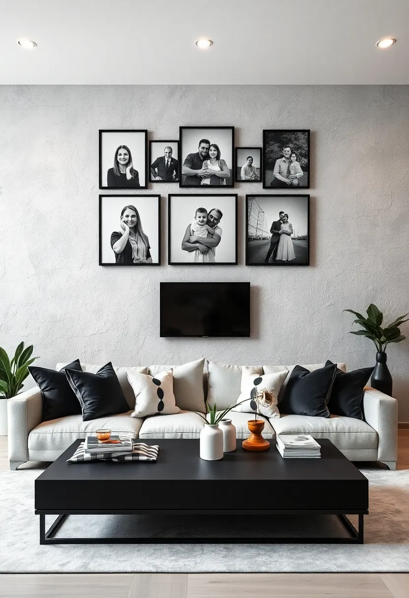 Black‍ and White ⁢Theme: Display family photos in black⁣ and white to add a timeless, elegant⁤ touch to your living room