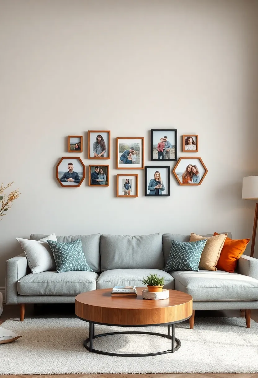 Hexagonal Frame Clusters: Create a unique geometric pattern by grouping hexagonal frames‌ with family pictures