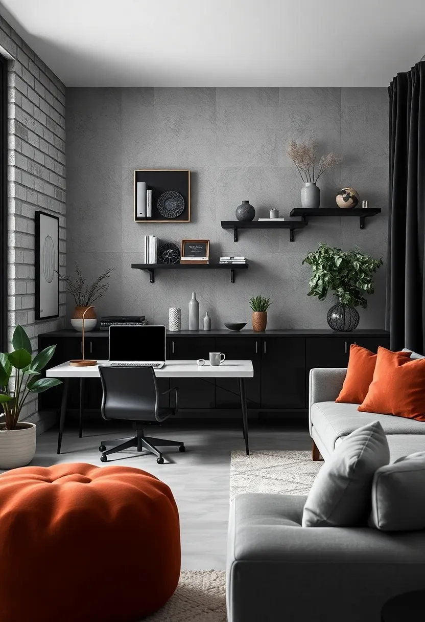 Monochrome Magic: Embrace ⁣a black and ⁤gray‌ palette featuring a wireless laptop stand and minimalist wall ⁤shelves to keep essentials clutter-free and focus intact