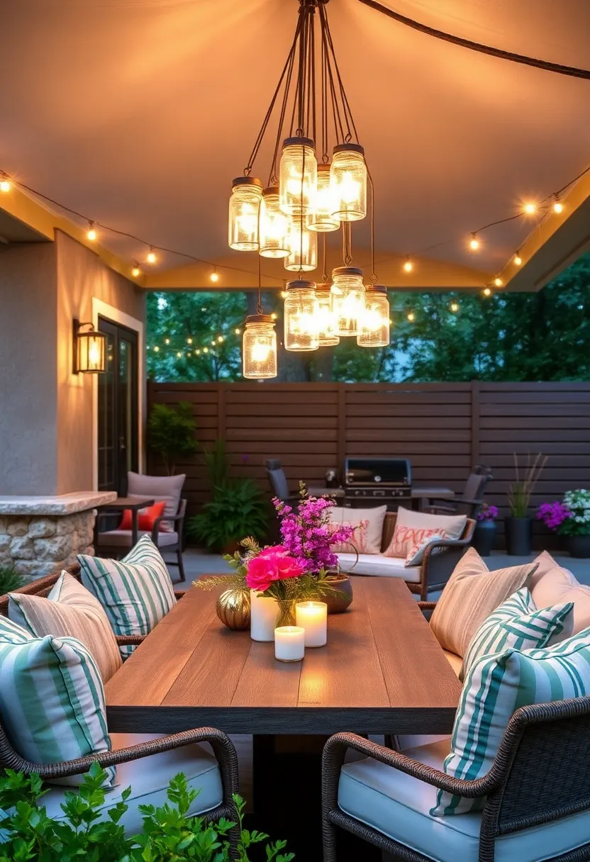 Hanging Mason Jar‍ Chandeliers: Cluster several mason jars hung at varying heights with ⁢candles‌ or lights‍ to create a statement‍ chandelier above your outdoor table