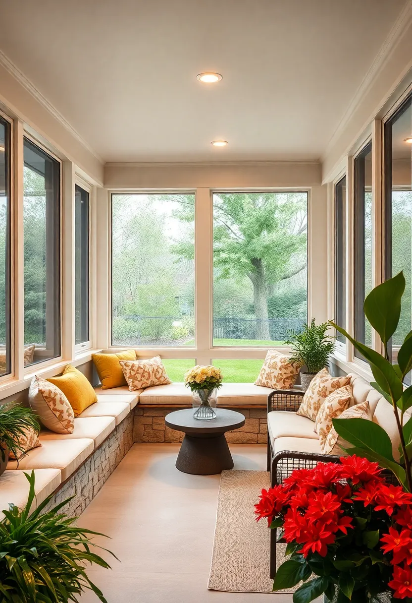 Window-Lined Bench – Built-in seating along screened windows offering panoramic views and unobstructed natural light