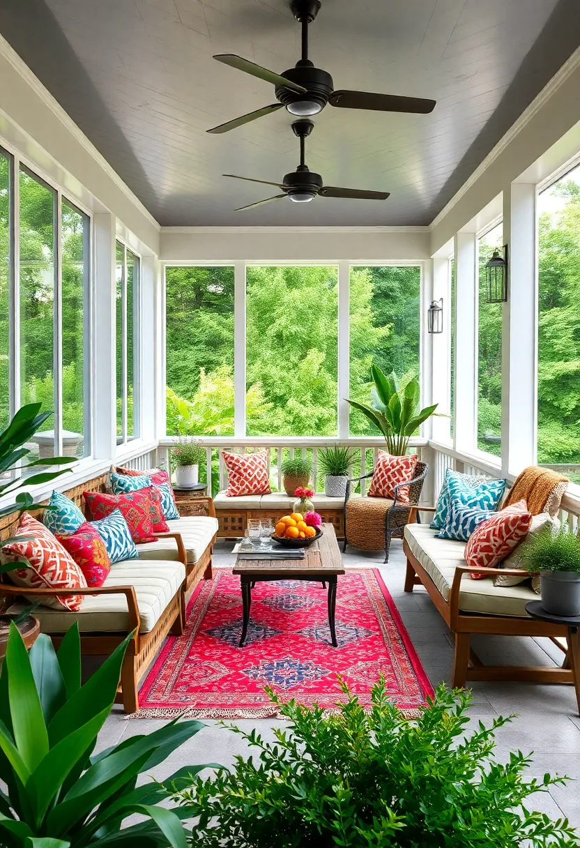 Bohemian Layers – ‌Built-in wooden benches layered with colorful rugs and an​ assortment of patterned pillows for eclectic charm