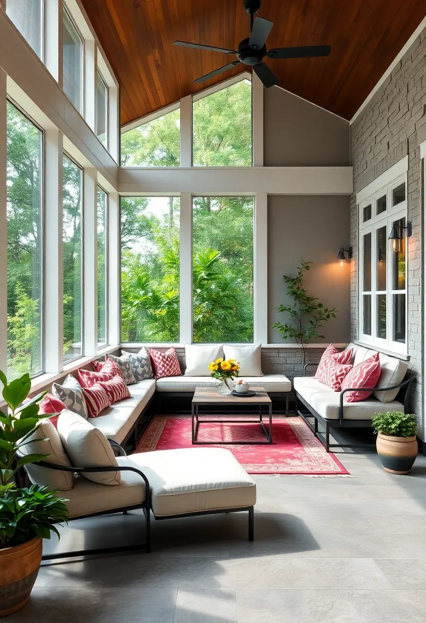 L-Shaped⁣ Lounger – An L-shaped built-in bench with oversized cushions designed for both lounging and dining purposes