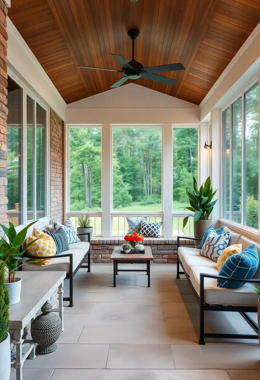 Kids’ Corner – Lower-height built-in benches with soft cushions tailored ​for children’s comfort and safety on the screened porch