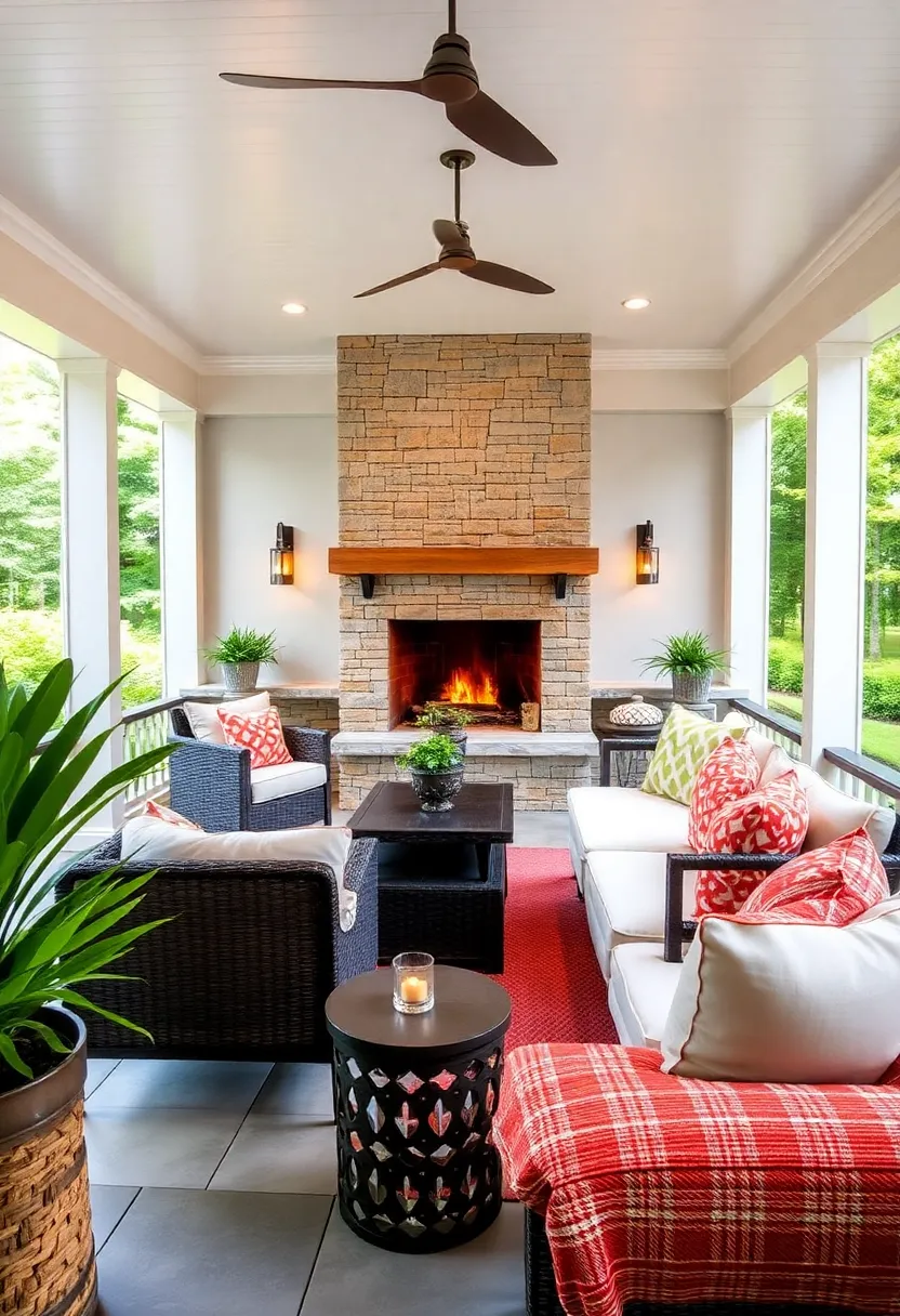 Fireplace⁢ Facing Bench – Built-in seating arranged around a ‌screened⁣ porch fireplace, offering warmth and comfort during cooler seasons