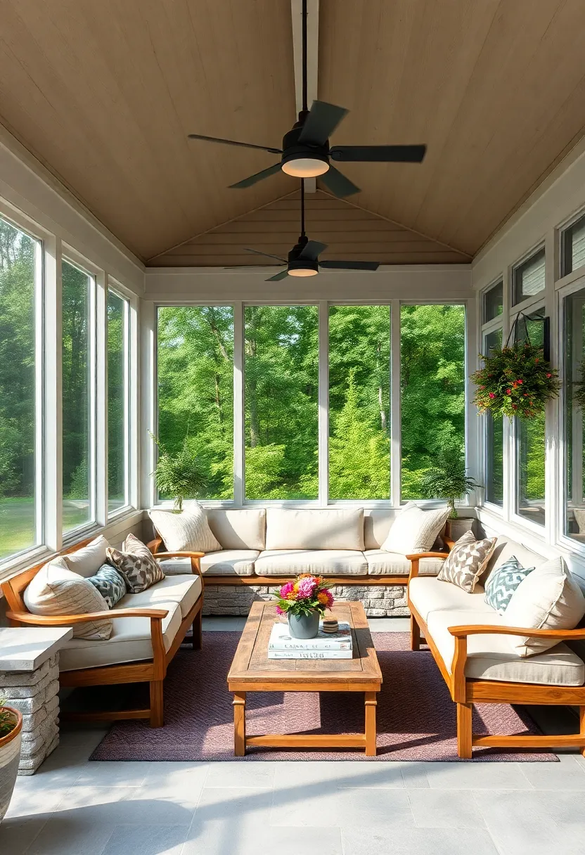 Rustic Charm Retreat – ‌Natural wood built-in⁤ seating with weather-resistant cushions, ⁣blending seamlessly with a farmhouse-style ‌screened porch
