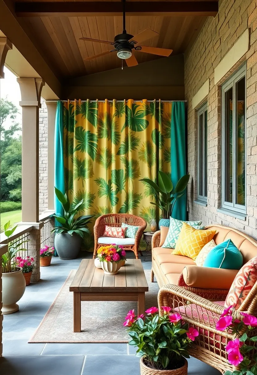 Hang‍ tropical-themed curtains in vivid shades to frame your porch beautifully