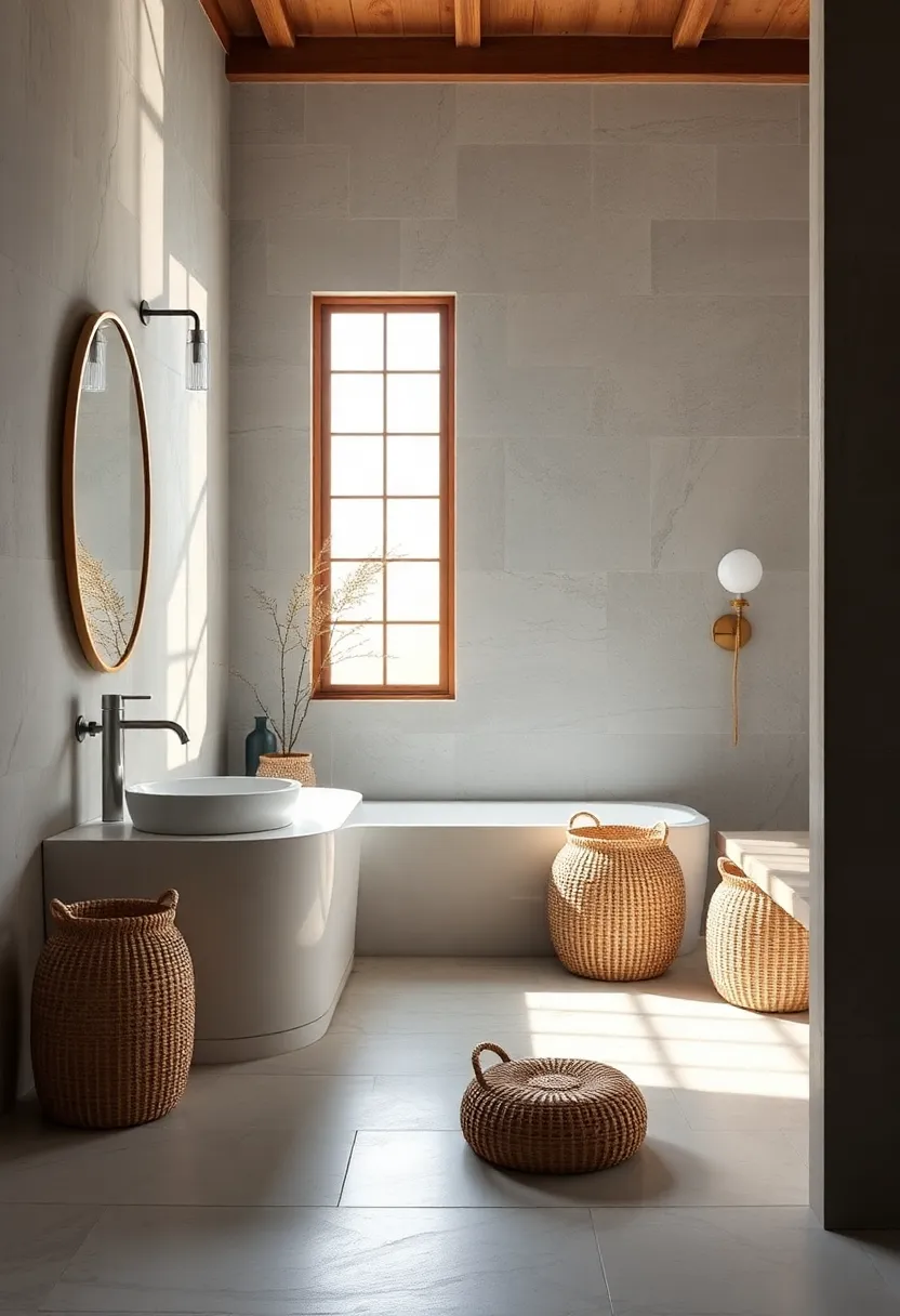 Bamboo storage Baskets: ​Woven bamboo baskets organize bathroom goods while adding​ artisanal charm