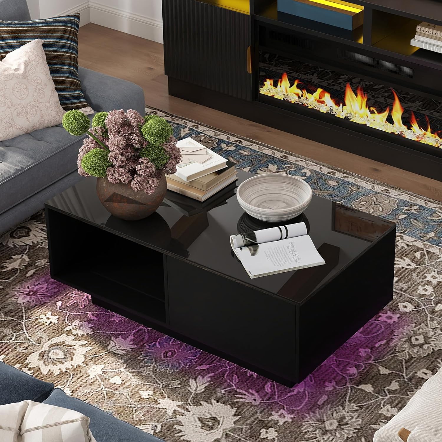 Our honest Take: Sleek LED Black Coffee Table with Storage & Lights