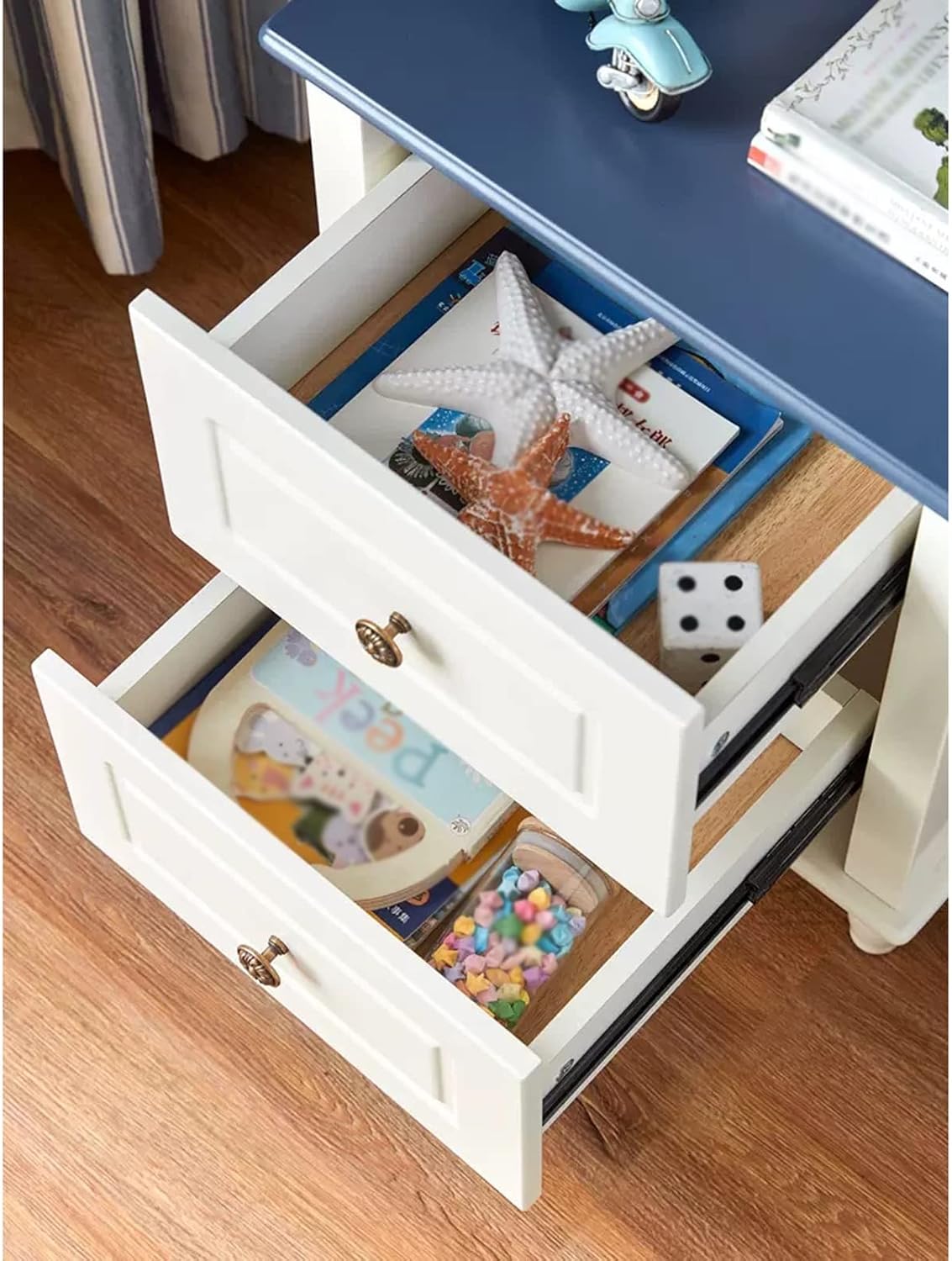 Our Honest Take on the White & ⁢blue Vintage Nightstand with Storage