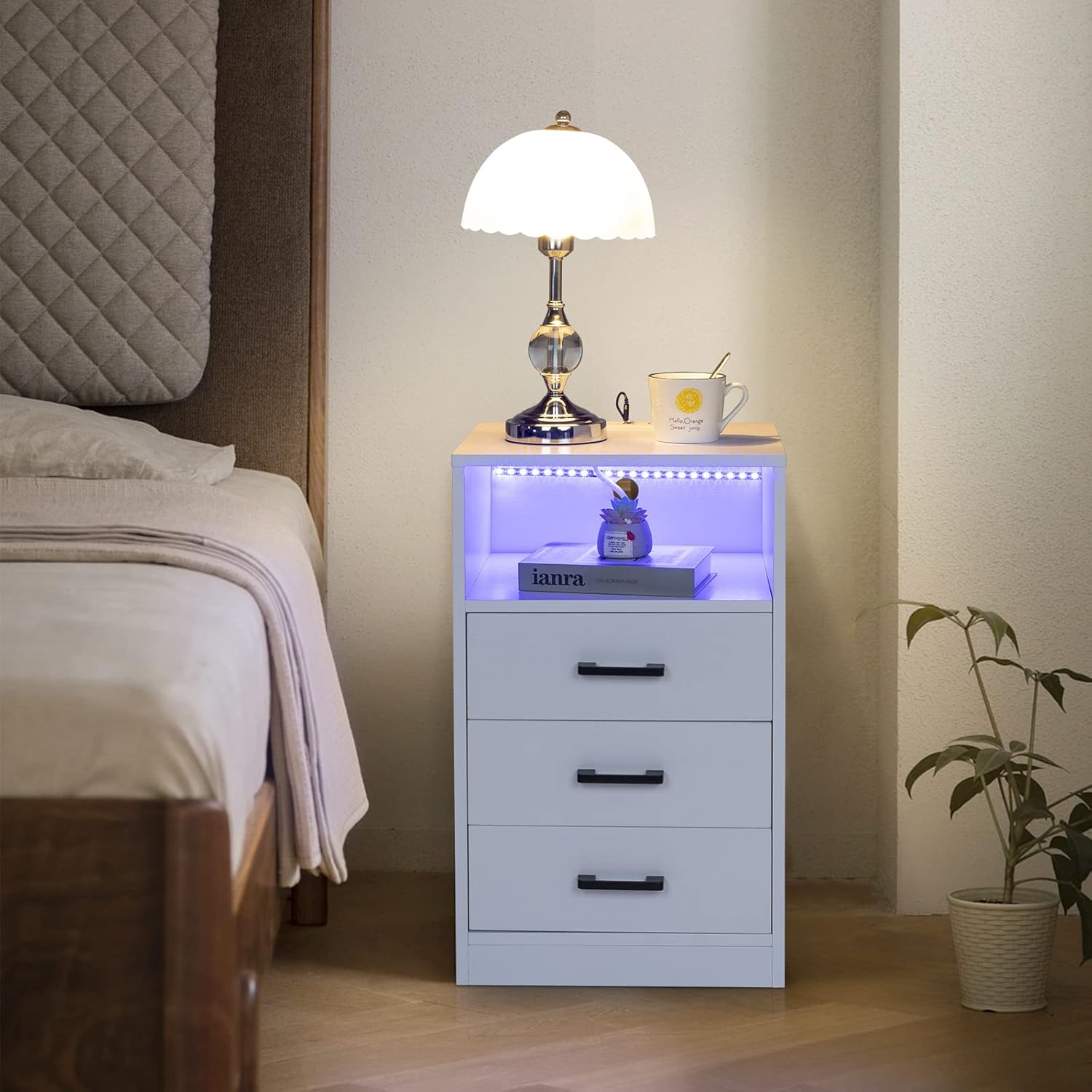 Our Review: Stylish White Nightstand with LED & USB Power Ports