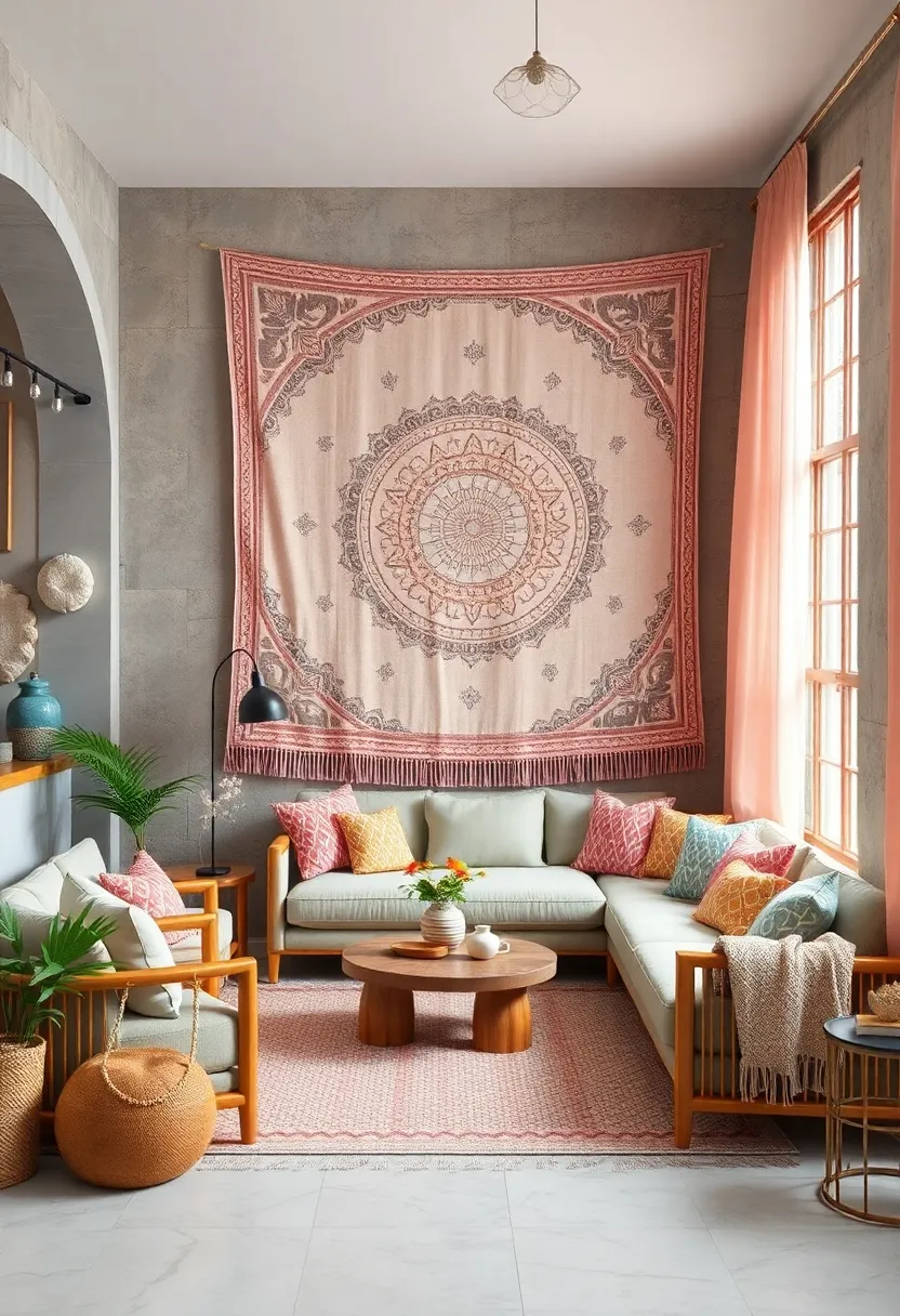 Combine Soft Pastel Tapestries with Natural Wood Elements