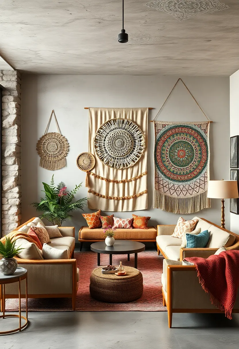 Use Circular Wall Hangings paired with Tapestries for Visual Contrast