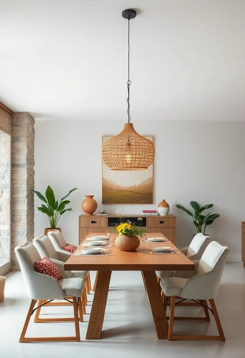 Hang rattan‌ pendant lights above the dining table for soft, natural lighting and‌ textural interest