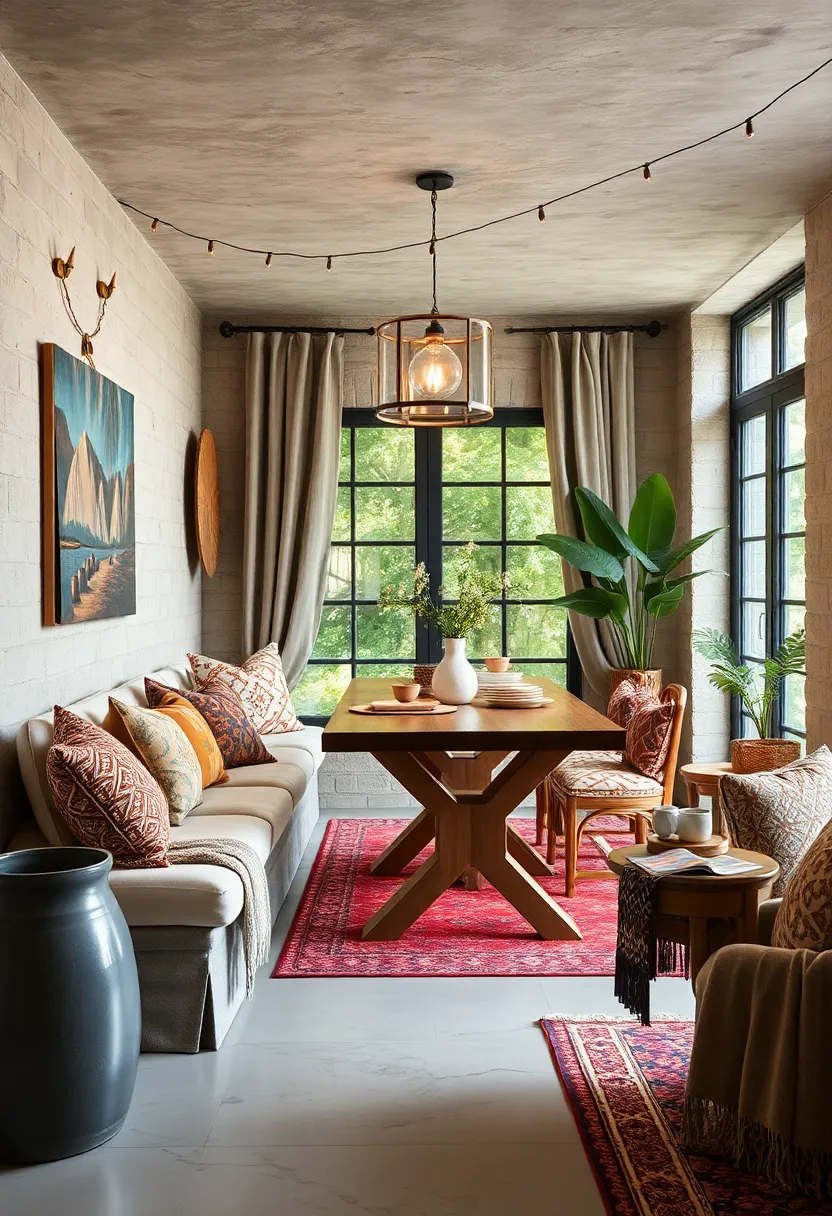 Include a low, cushioned bench seat ⁤with patterned throws for flexible and ​cozy dining seating