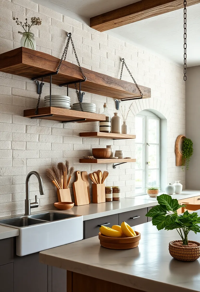 Thick Beam Shelves with Iron Chain Supports: sturdy wooden planks suspended by iron chains ‌evoke traditional craftsmanship and‌ add industrial character