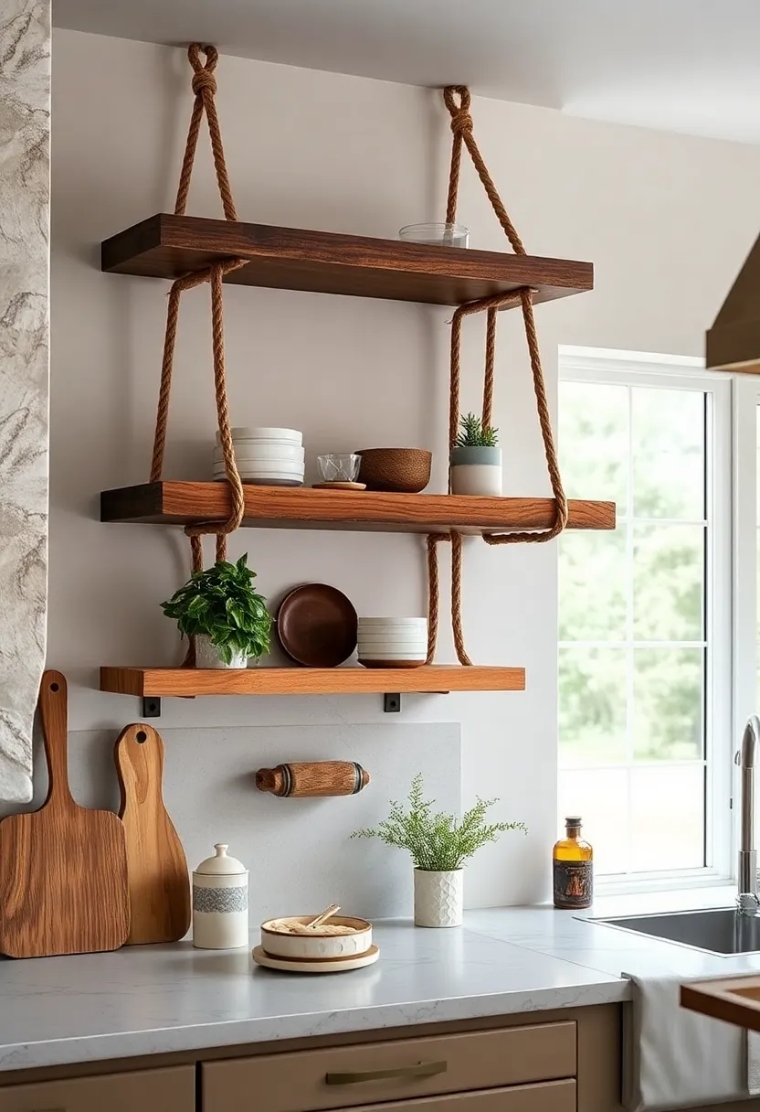 Thick Slab ​Shelves with Braided Jute Supports: Durable, weighty wooden slabs hang elegantly from braided jute‌ ropes, ⁤fusing natural materials for authentic farmhouse flair