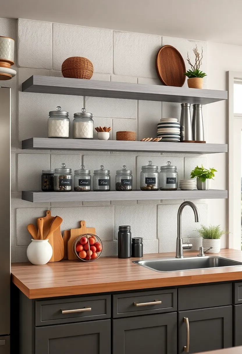 Weathered Grey‌ Plank Shelves with‍ Chalkboard ⁣Labels:⁣ Functional and stylish, ‌these shelves ⁢allow⁤ you to label ​storage ⁤jars with chalk for​ a ‍personalized touch