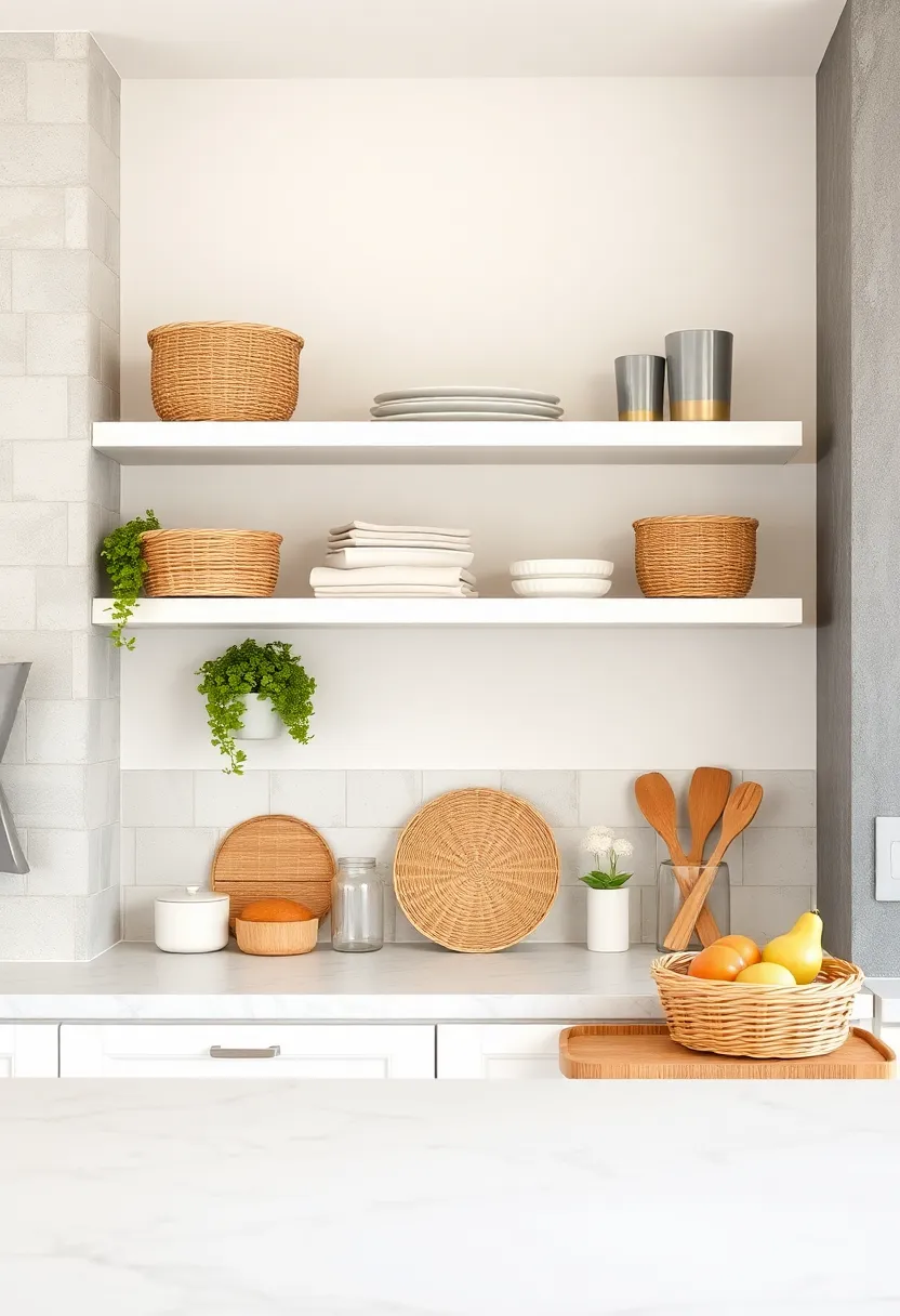Whitewashed Floating Shelves with Woven Baskets:​ soft, muted tones combined with natural storage ⁢baskets create a cozy and organized cottage⁢ vibe