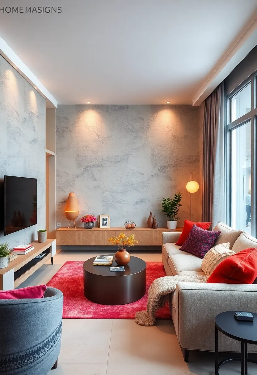 Use wall-mounted media units to keep electronics off the floor and maintain flow