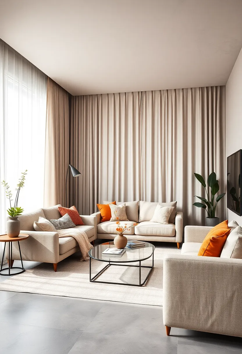 Utilize neutral-toned curtains that softly diffuse natural light and add warmth