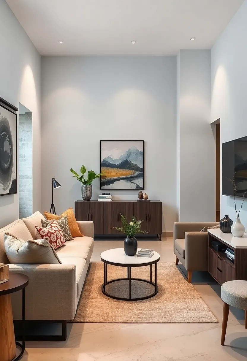 Introduce narrow console tables behind sofas for added surface area without bulk