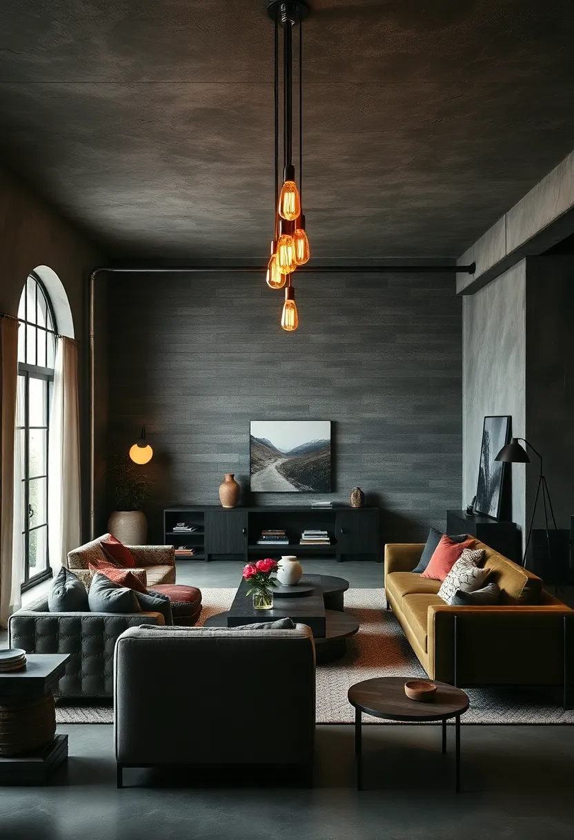 Incorporate vintage Edison bulb chandeliers that emit a warm, amber glow, enhancing the moody ambiance