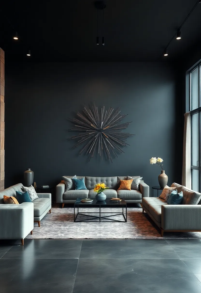 Integrate bold, geometric metal wall sculptures as ‌statement pieces against⁣ dark-colored ‍walls
