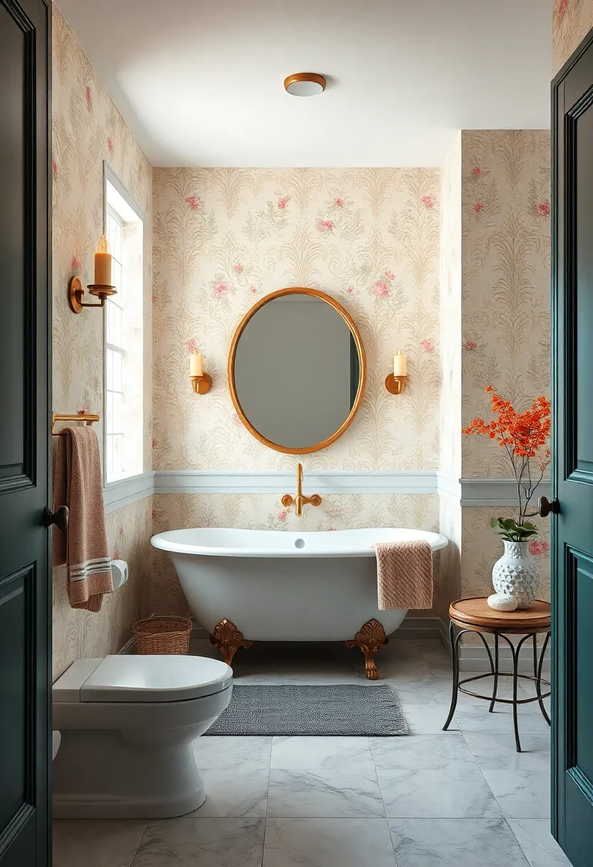 Patterned Wallpaper: Select floral or damask wallpaper to add texture and nostalgia to your bathroom walls