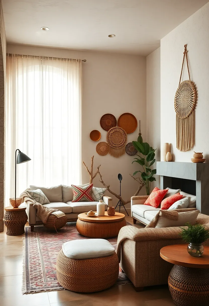 Add dimension with woven baskets and macramé wall hangings that invite both touch and admiration