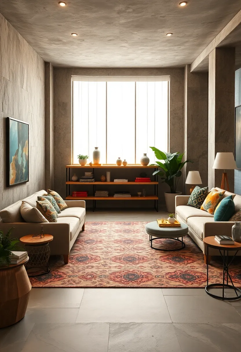 Layer patterned rugs of varying sizes to add depth and visual intrigue underfoot