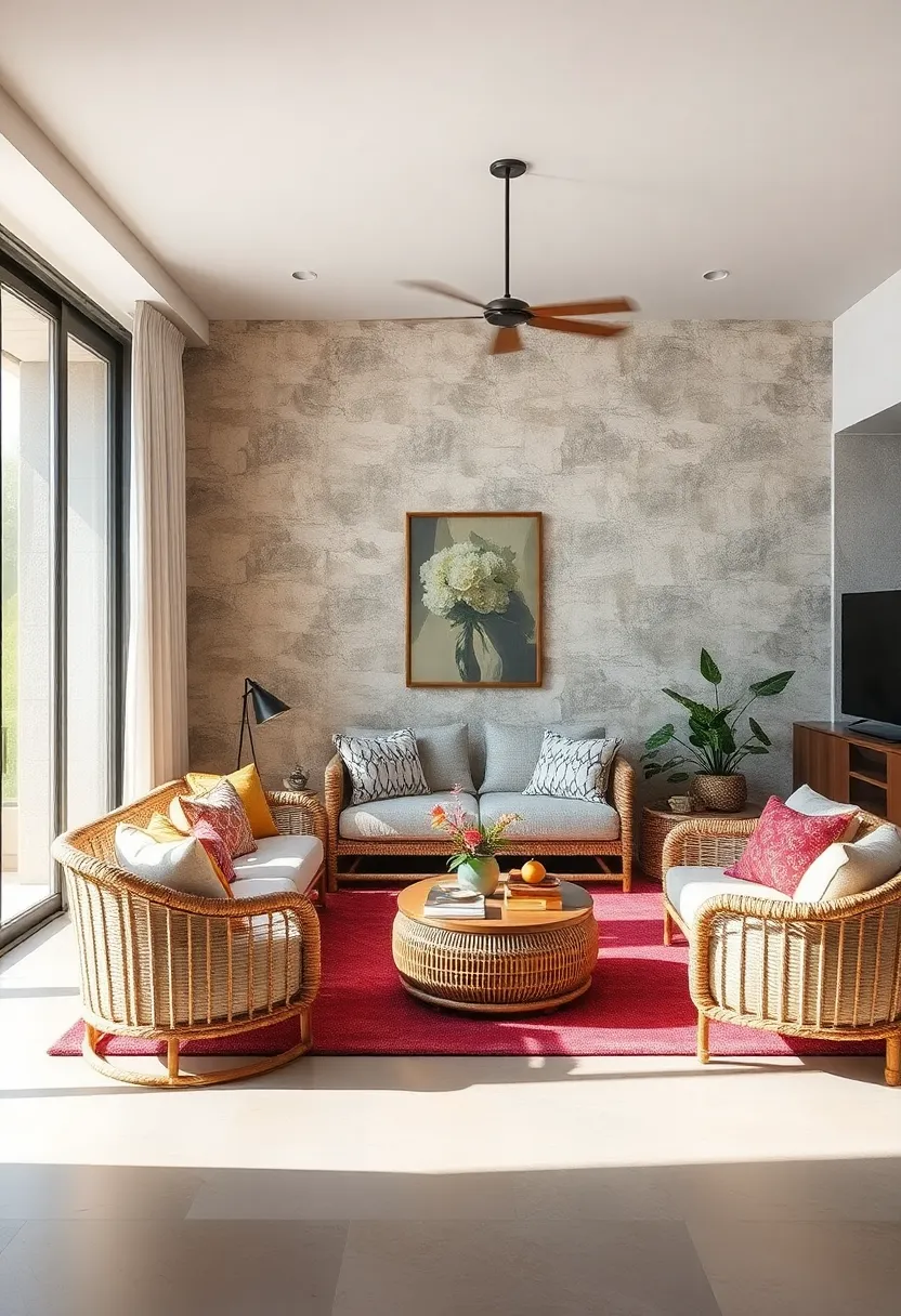 Mix sturdy wicker or rattan furniture pieces with soft textiles for a balanced eclectic look