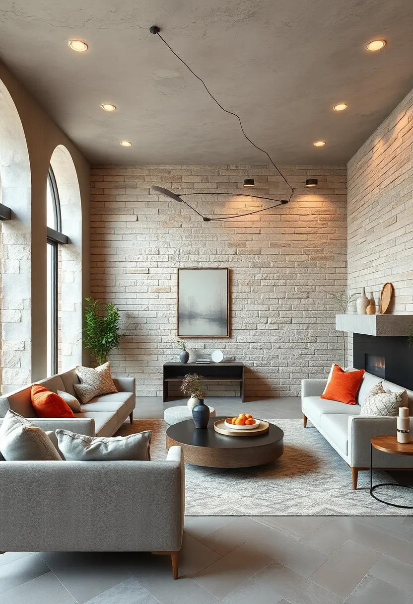 Pair rough stone or brick elements with polished metals to blend raw and sleek textures seamlessly