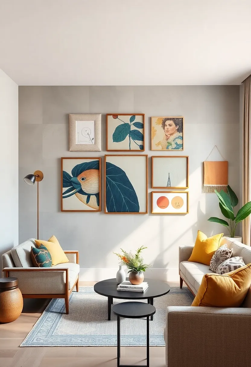 Play with layered artwork combining canvas, framed prints, and fabric wall hangings for a multi-dimensional gallery feel