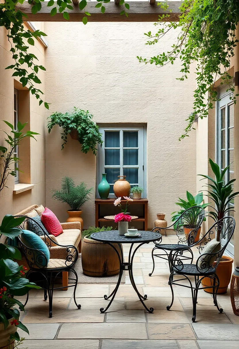 A charming garden courtyard adorned with intricate wrought iron bistro sets, perfect for intimate afternoon tea sessions